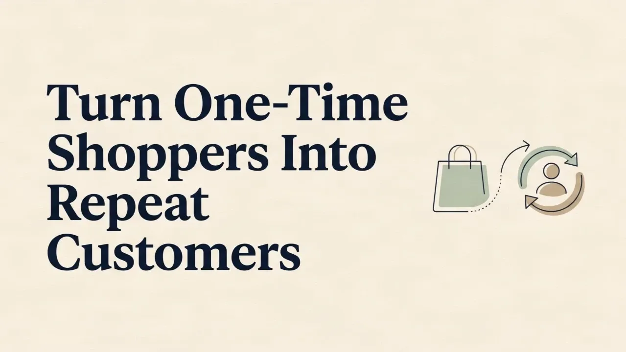 Illustration of a shopping bag connected by a dotted line to a customer icon inside circular arrows, next to the words Turn One-Time Shoppers Into Repeat Customers