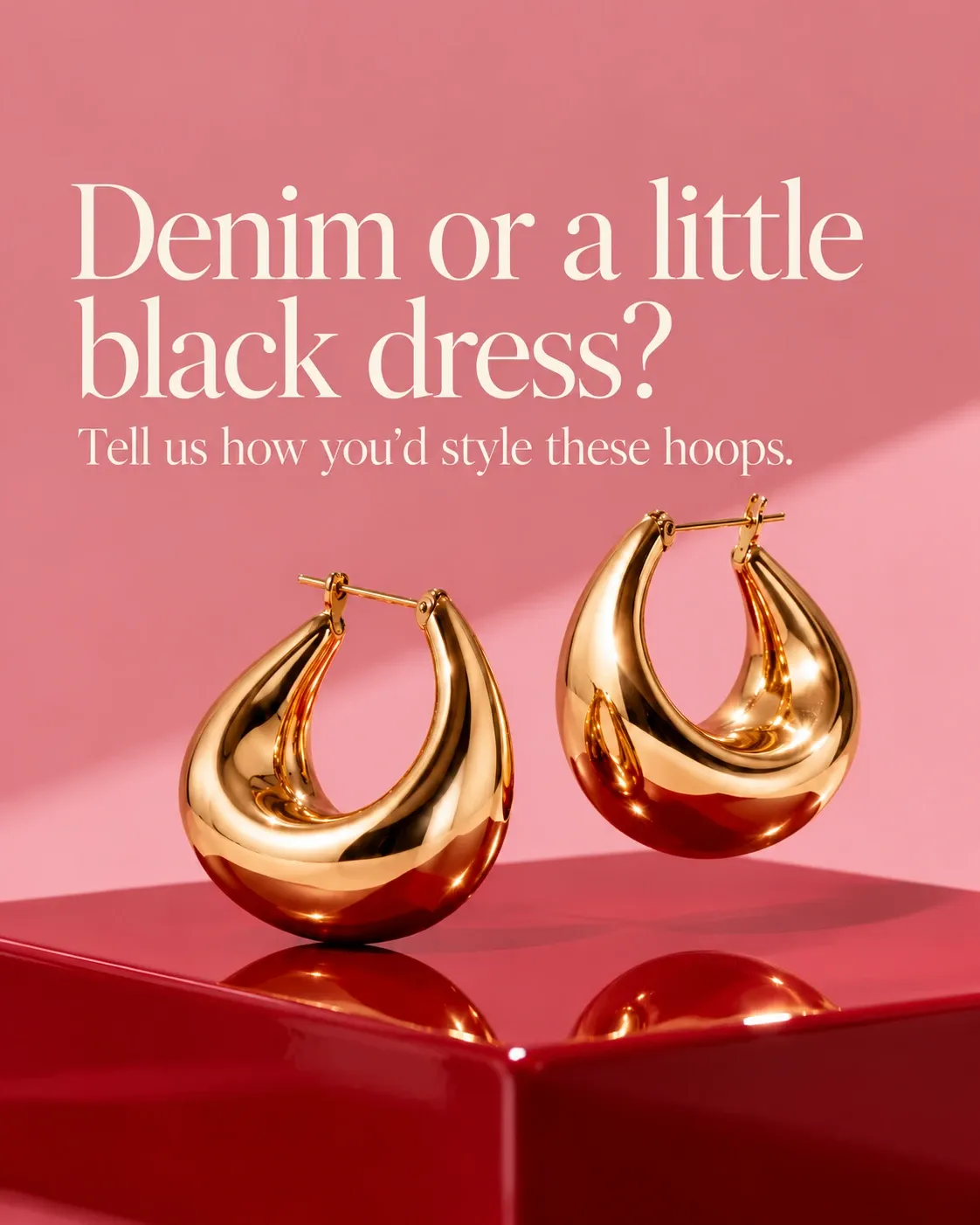 Sample gold-earring post asking Denim or a little black dress?