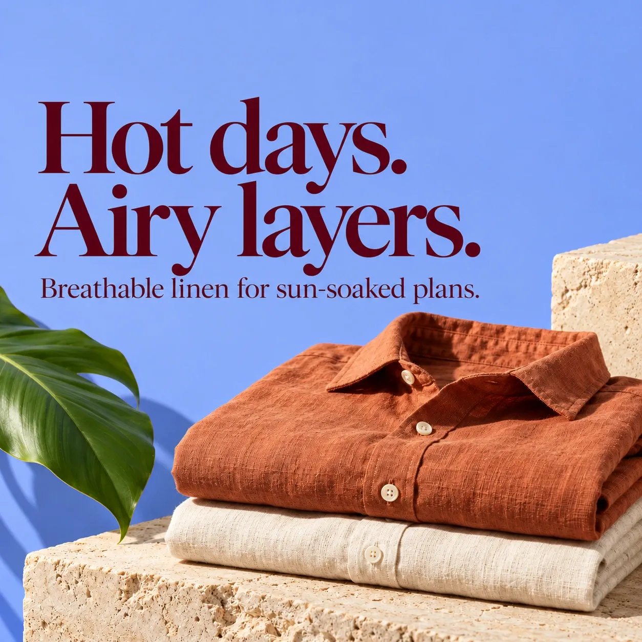Sample linen shirt post with the line Hot days. Airy layers.