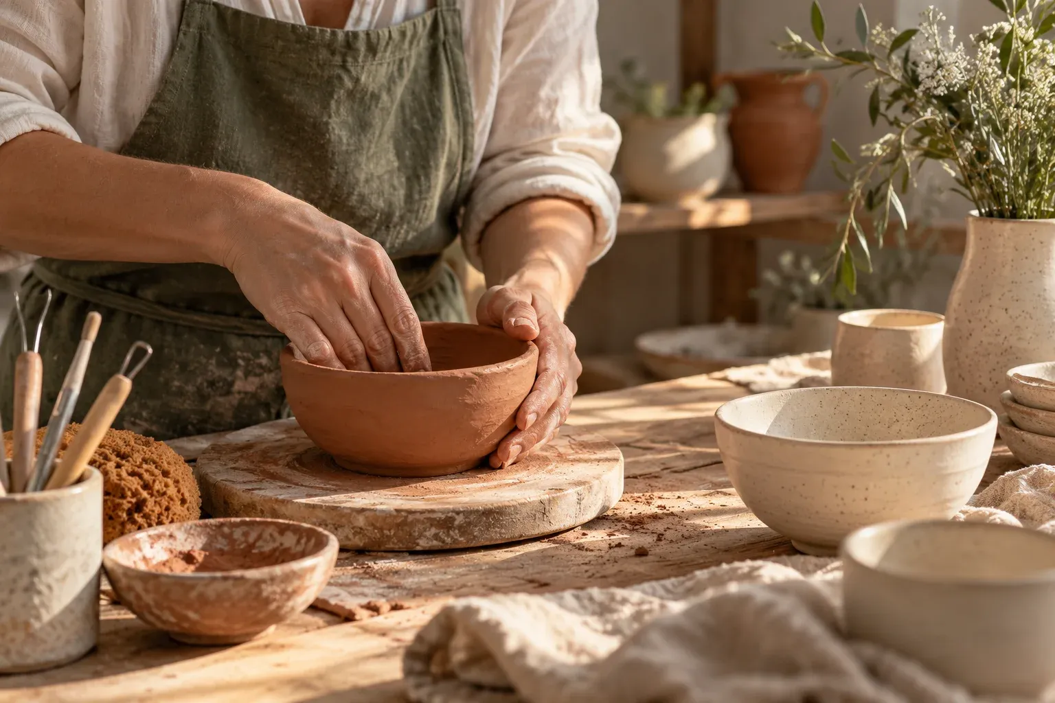 Hands shaping a clay bowl at a workbench surrounded by finished ceramics