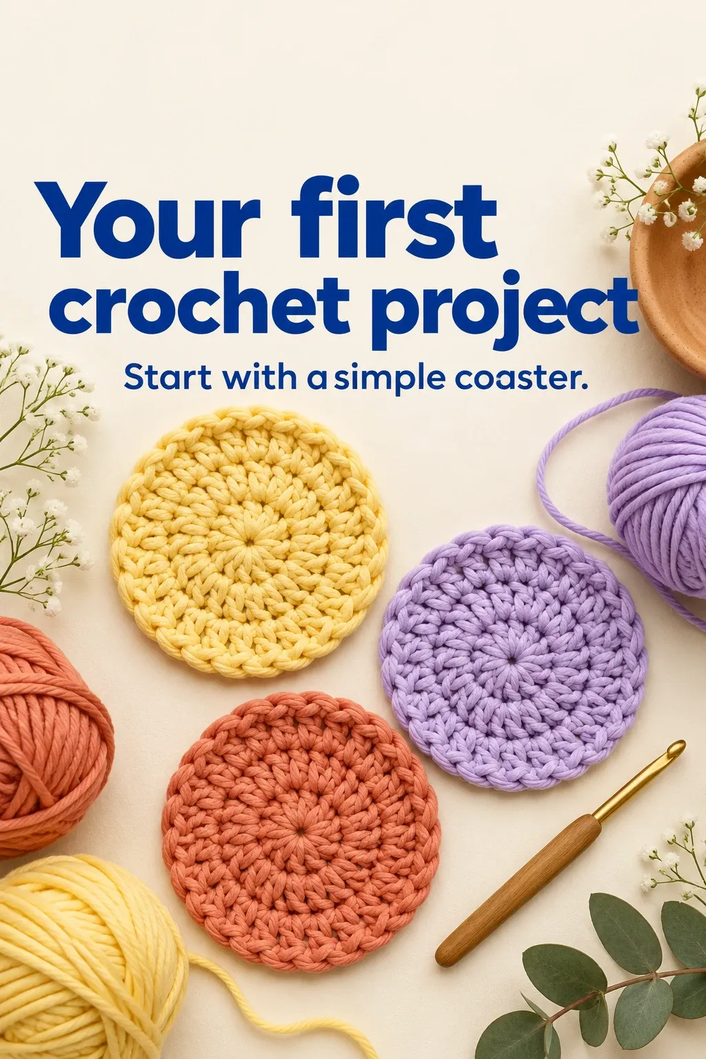 A sample Pinterest pin for a first crochet project, showing colorful crochet coasters with a hook and yarn