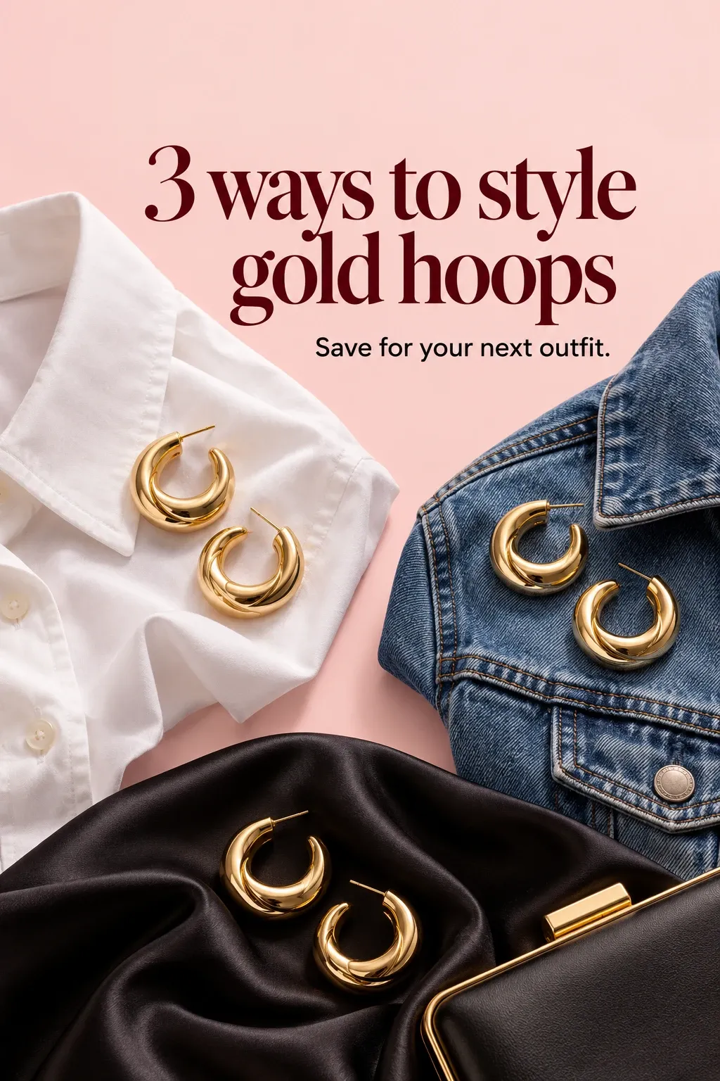 A sample Pinterest pin showing three ways to style gold hoop earrings with a white shirt, denim and satin