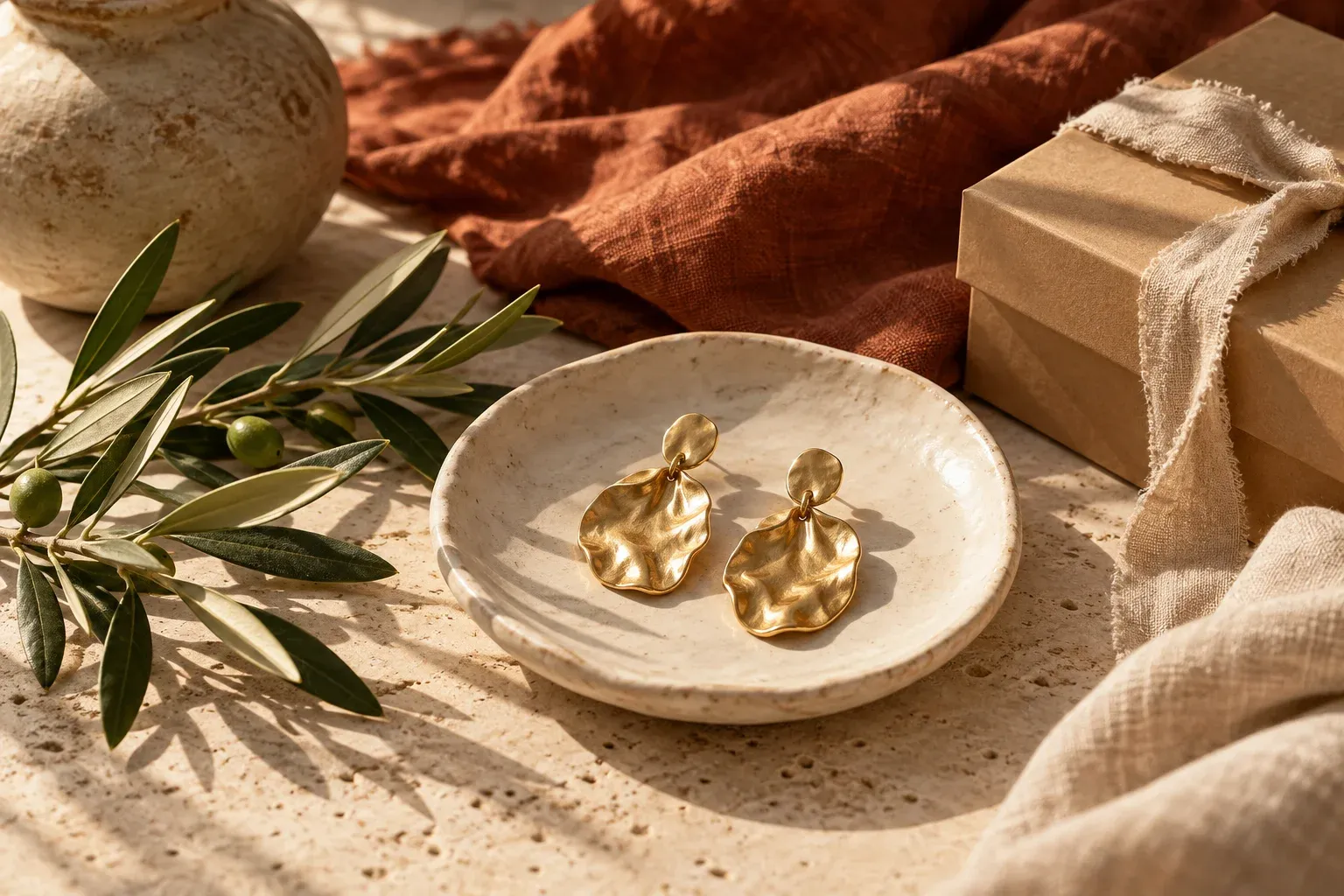 Hammered gold earrings resting in a small ceramic dish beside folded linen and a wrapped gift box