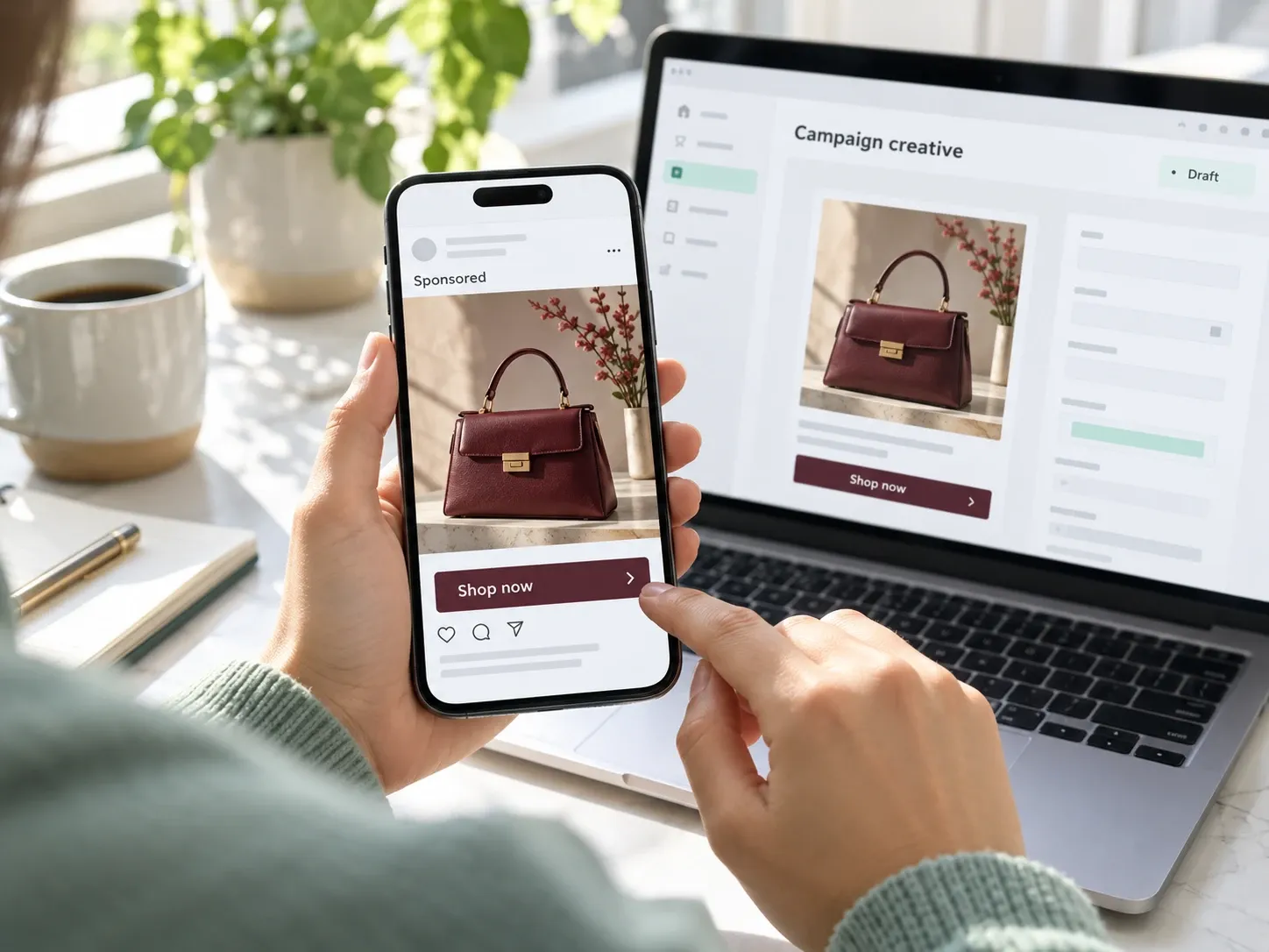 Someone reviewing a handbag ad on a phone beside a campaign dashboard on a laptop