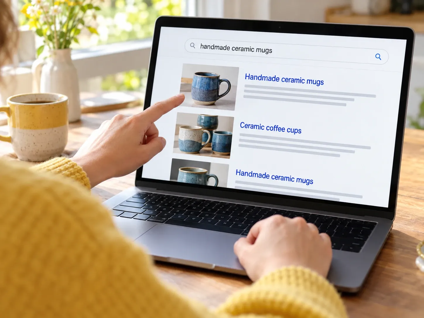 A shopper searching for handmade ceramic mugs on a laptop and pointing at a result