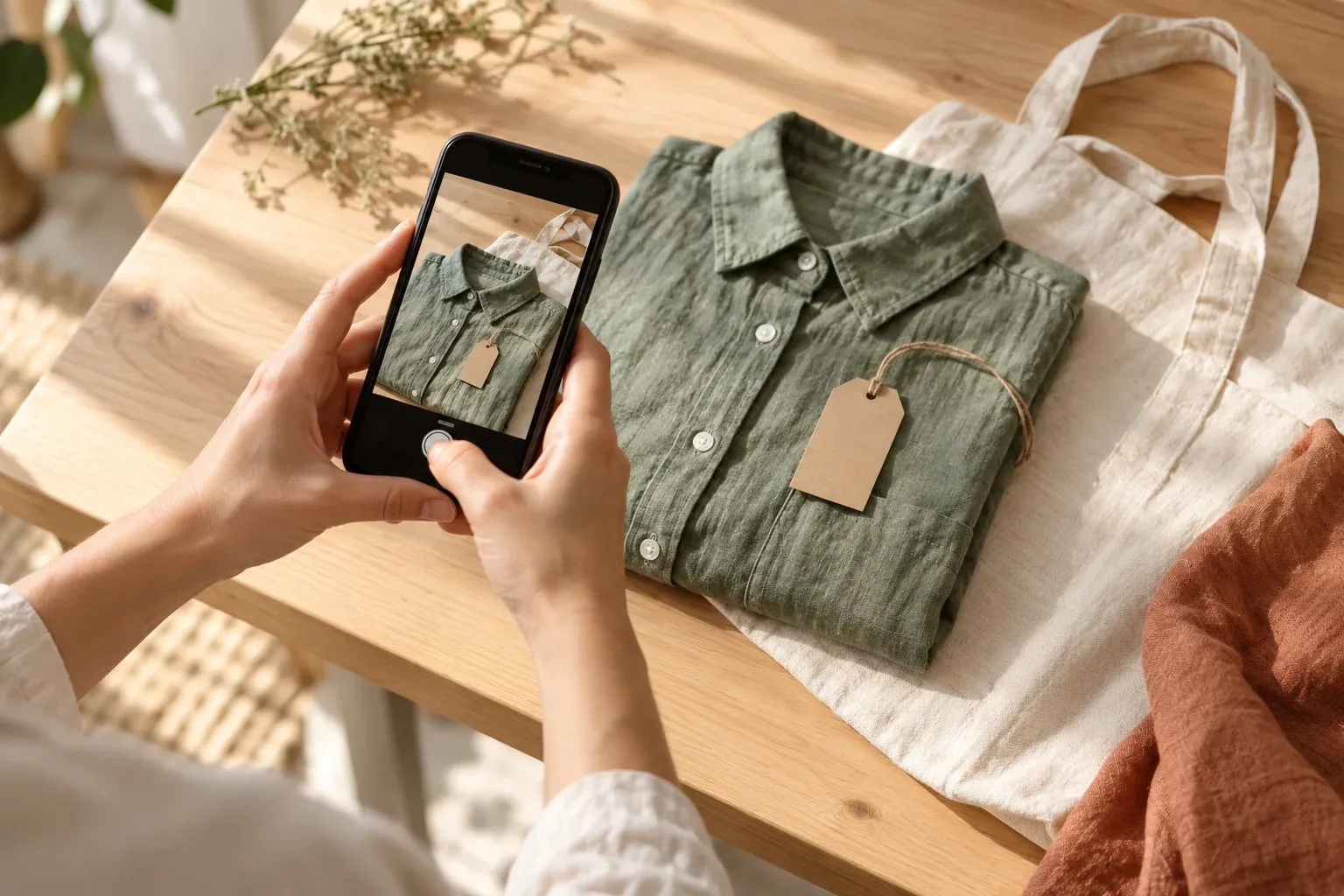 Hands photographing a folded linen shirt and a cotton tote with a phone on a wooden table