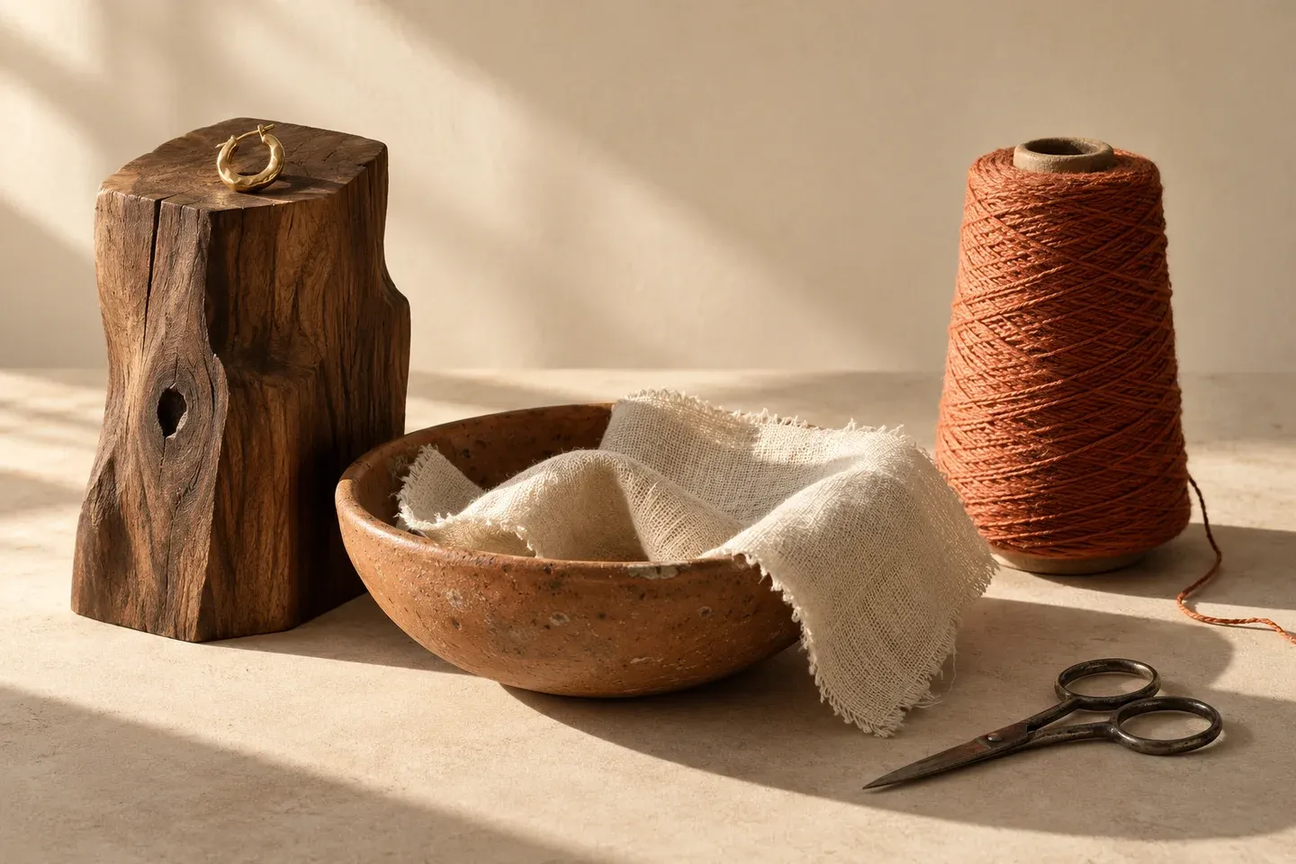 A cone of rust-colored yarn, a wooden bowl of linen and a pair of scissors on a studio table